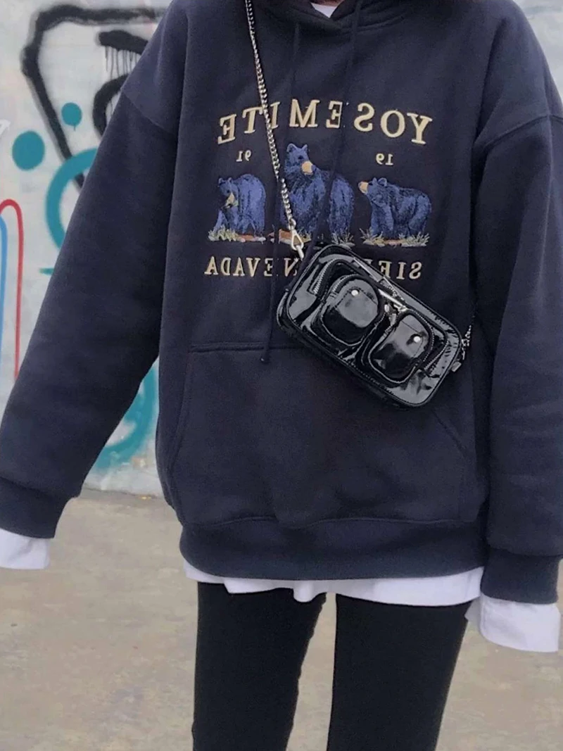 

2020 New Graphic Sweatshirts Vintage Small Bear Embroidery Oversized Hoodies Women Loose Long Sleeve Cotton Autumn Hoodie Tops