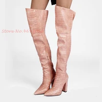 pointed toe stone scale above knee boots leather zipper high quality high block heels 2022 sexy sewing patchwork women shoes