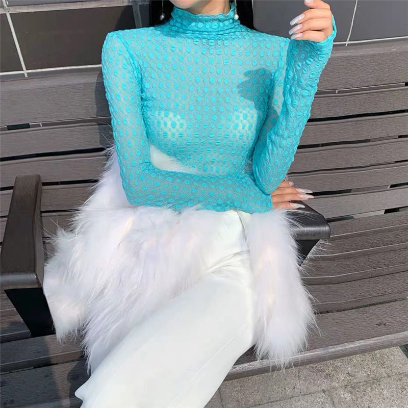 Открытая Кружевная футболка Женская мода 9 цветов водолазка с длинным рукавом