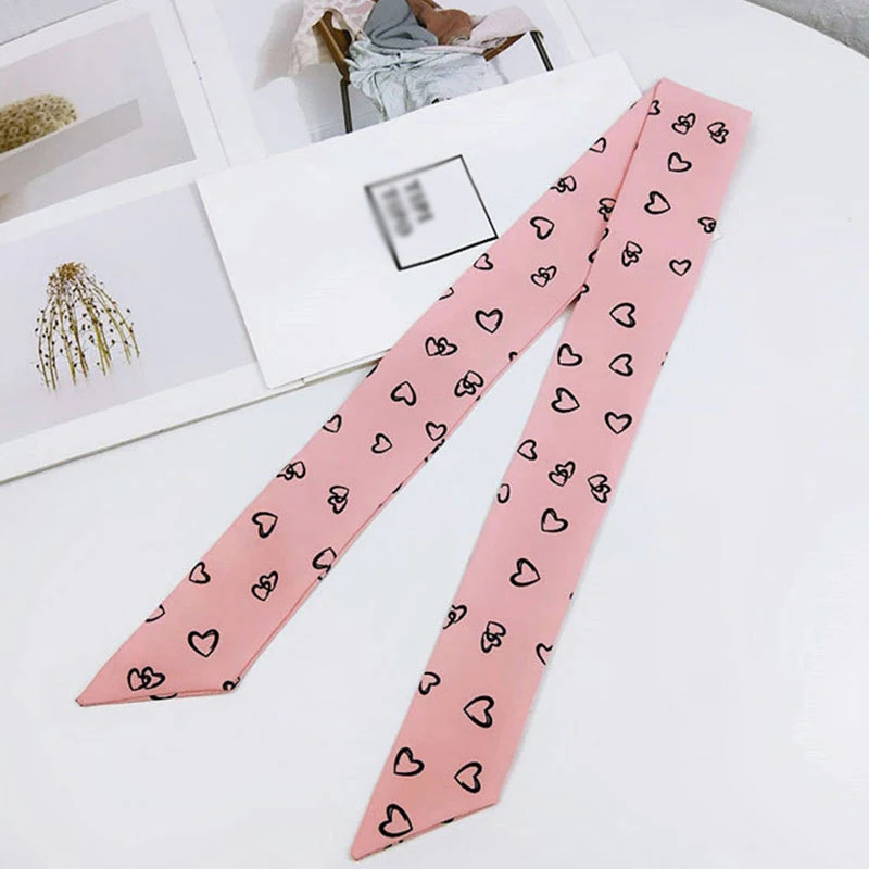 

Summer Long Skinny Hair Tie Scarf Multifunctional Love Heart Stripe Printed Silk Head Scarfs for Women Handbag 2020 New