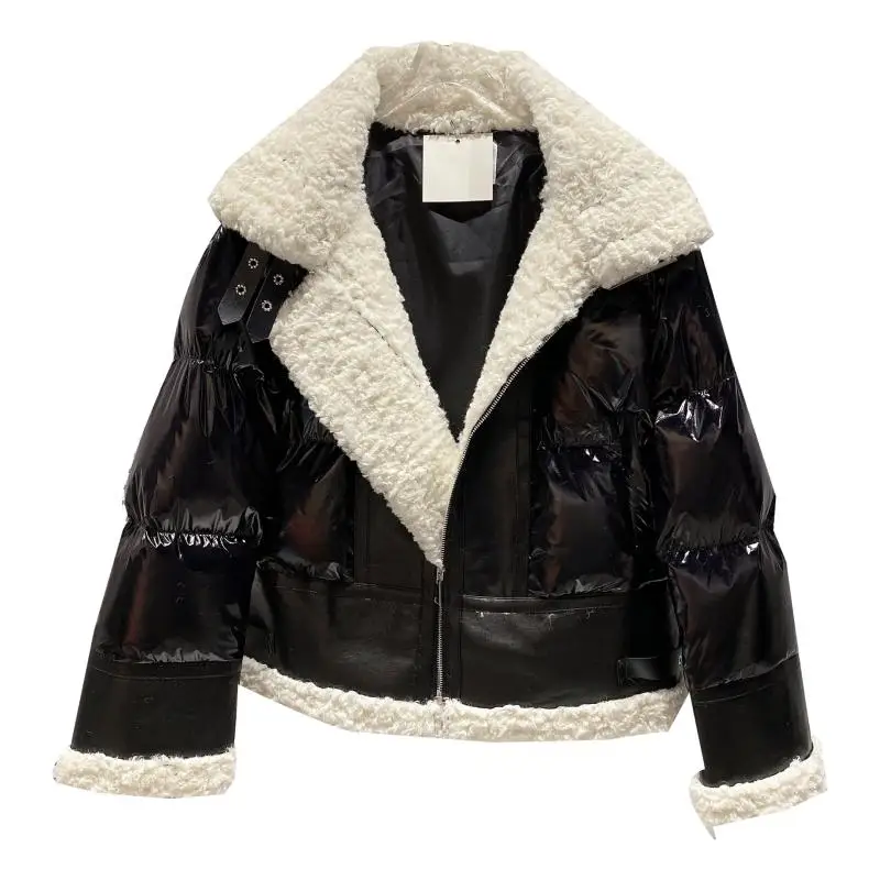 

2020 Winter New Stand Collar Bright Surface Patchwork Fur Leather Coat Cotton Buckle Color Padded Jacket Women Fashion Parka