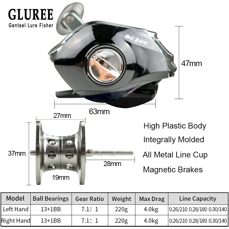 GLUREE baitcasing Рыболовная катушка 17 + 1BB 7 1: 1 220 г с металлической отделкой Серебристая