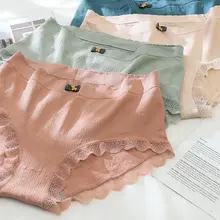 Culotte en dentelle pour femme, sous vêtement respirant, taille moyenne, couleur unie, doux pour la peau, 2021  (3)