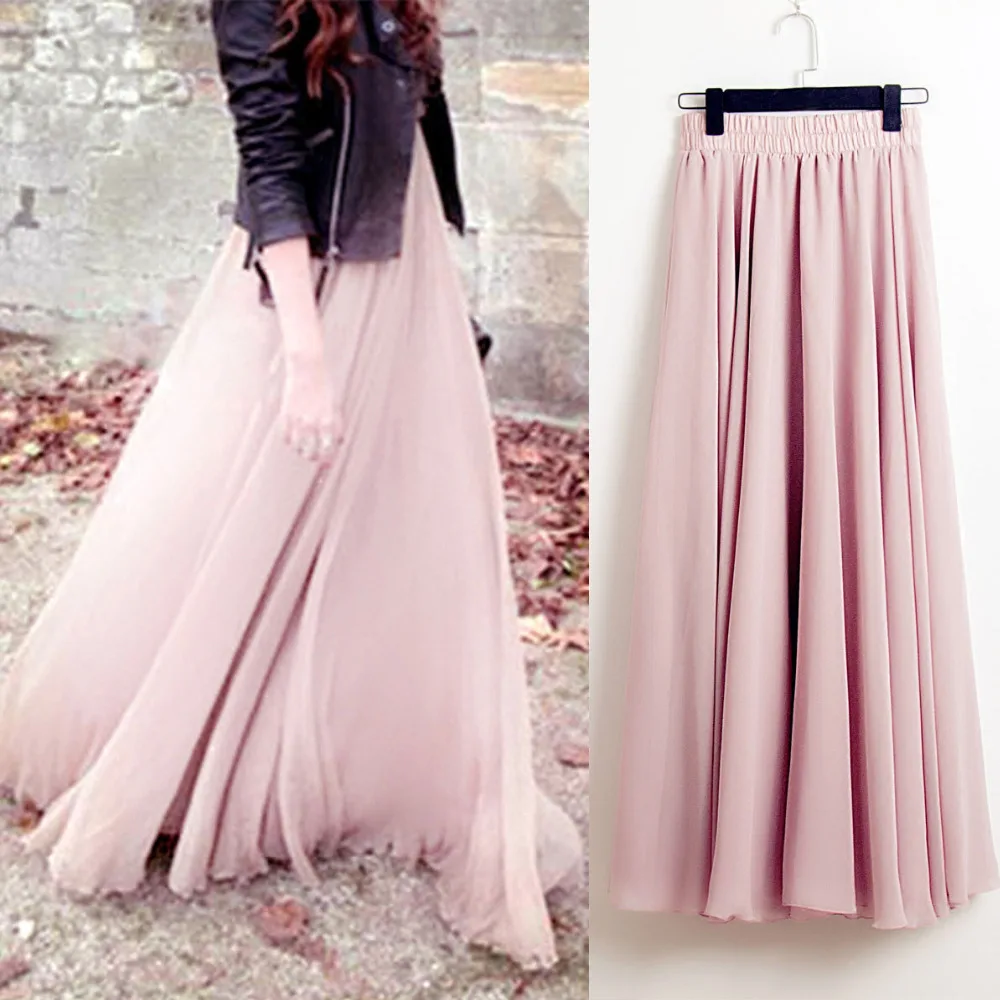 

2020 Bohemia Long Skirts Women Stretch High Waist Solid Chiffon A-Line Skirt Casual Pleated Maxi Skirt Faldas Saias Streetwear