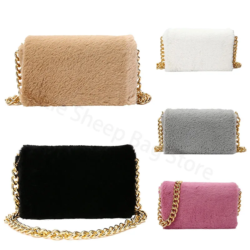

Luxury Faux Fur Chain Handbag Designer Ladies Shoulder Bag Lamb Hair Ladies Crossbody Shopping Warm Plush Female Wallet 2021