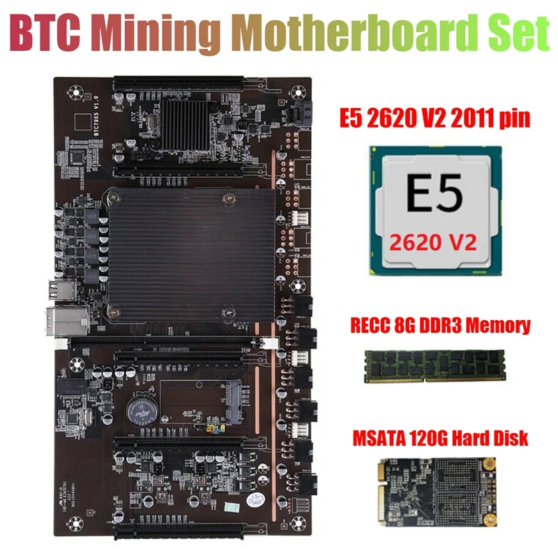 

X79 H61 BTC Miner Motherboard with E5 2620 V2 CPU RECC 8G DDR3 Memory 120G SSD 5X PCIE Support 3060 3080 Graphics Card