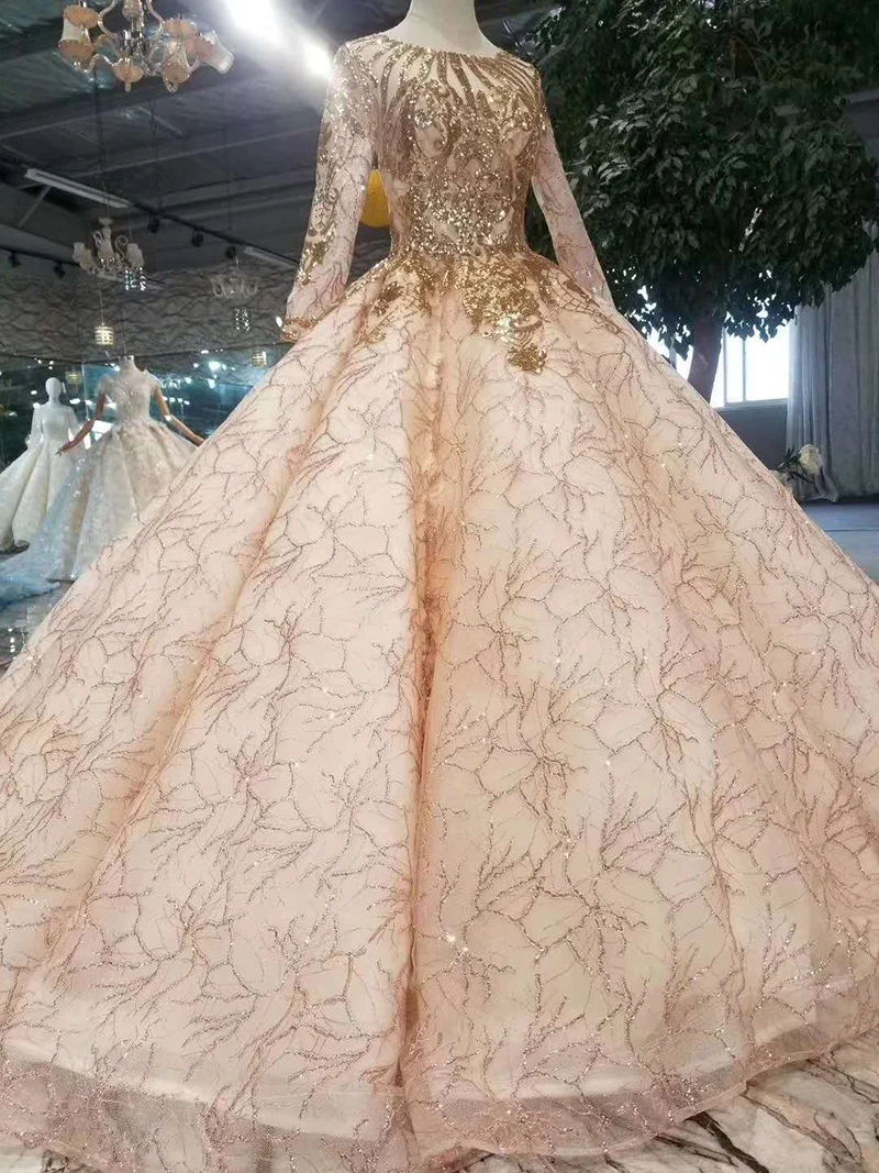 BGW 22916ht Luxury Evening Dresses Ball Gown O-neck Long Sleeves Lace Up Back Muslim Prom Dresses Curve Shape Shiny Ladies Dress