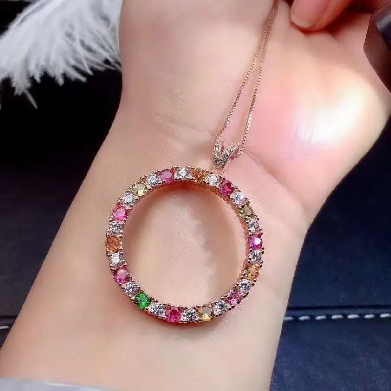Round Natural Brazilian Candy Color Tourmaline Pendant Necklace For Women Party S925 sterling silver Fine Jewelry Certificated | Украшения