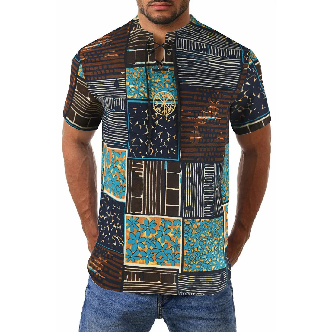 

2021 Ethnic Print Men's Summer Fashion Short Sleeve Shirt Lace-up Hemp Embroidery Cotton Shirts Mens Slim Fit Clothing