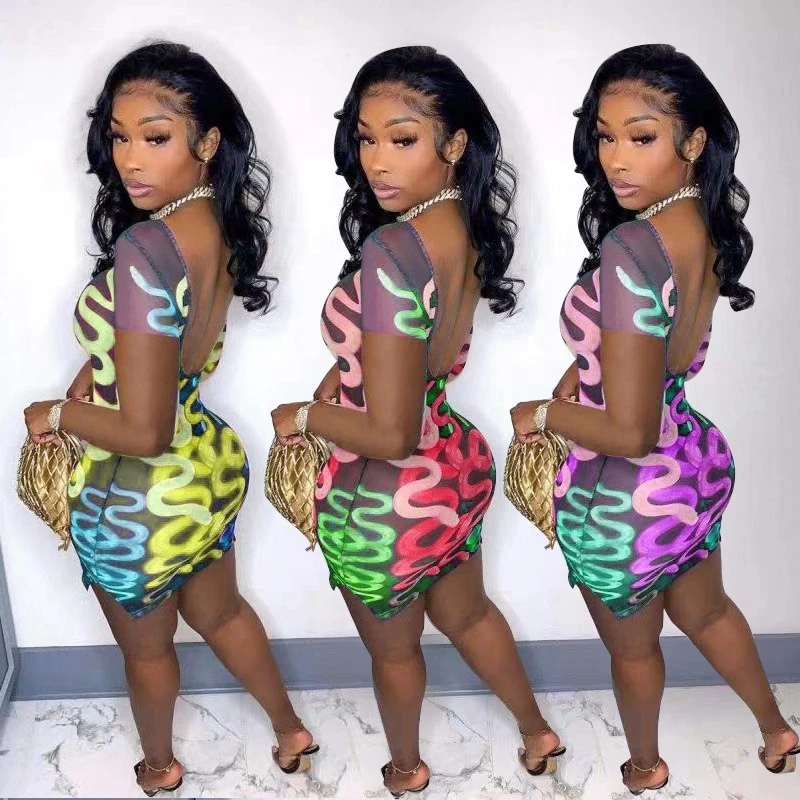 

Summer Boho Snake Printed Casual Dress Women Streetwear Sleeveless Mini Sundresses Women Party Club Slim Bodycon Backless Dress