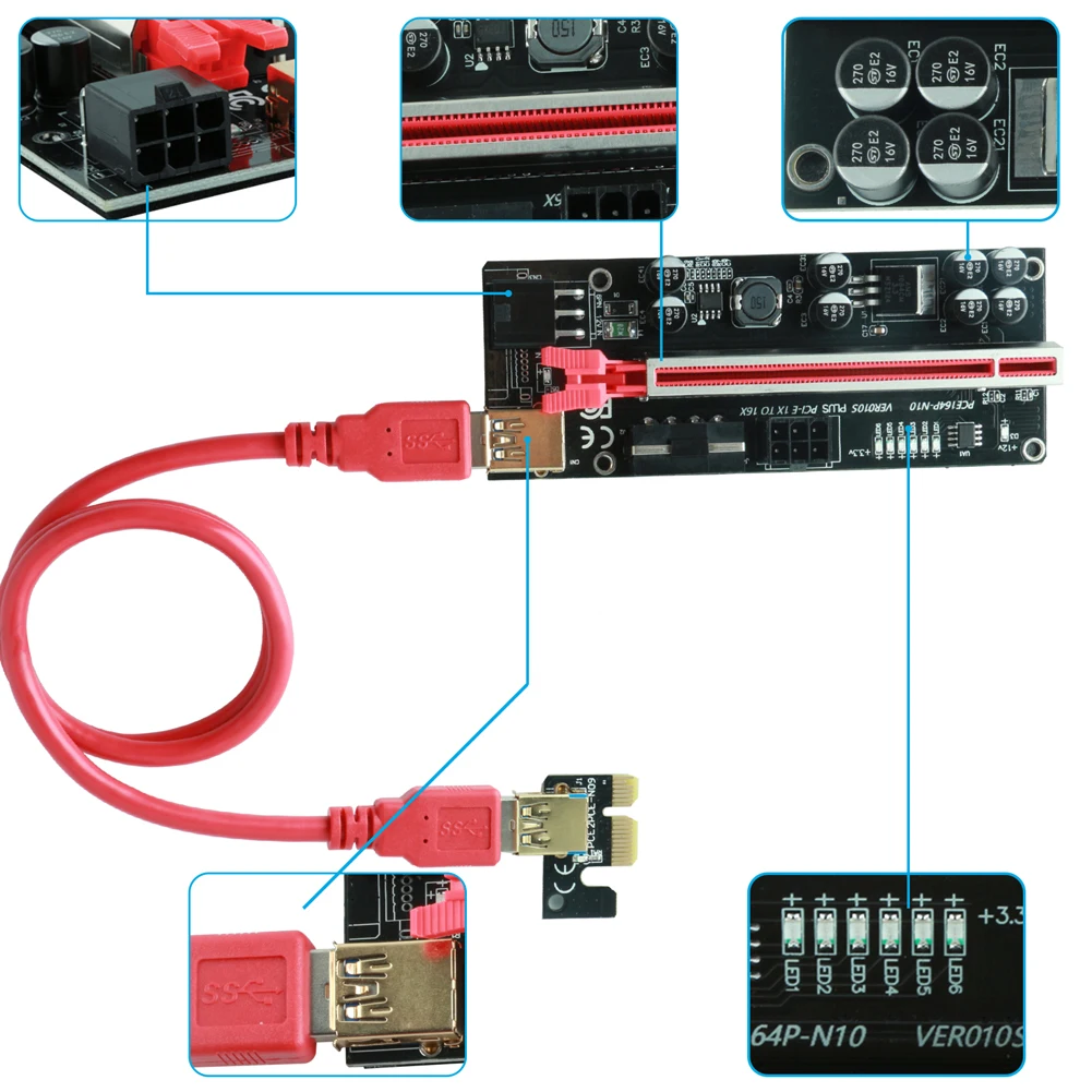 6x Ubit PCI Express адаптер USB3.0 VER010S-Plus LED PCI-E кабель расширения 6pin Sata 1x до 16x карта для