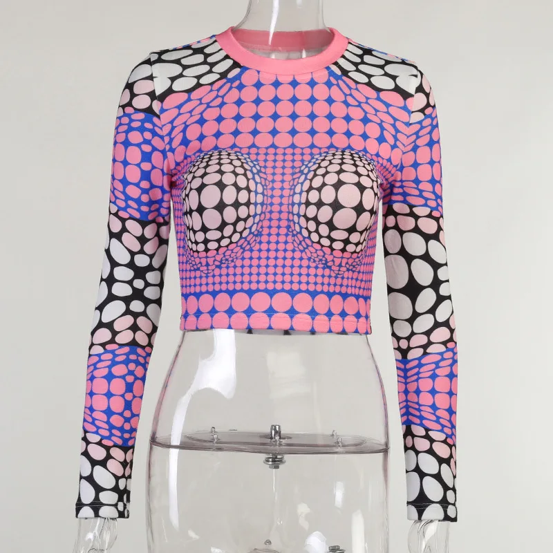 

Осенняя облегающая трикотажная футболка с круглым вырезом и принтом пупка с длинным рукавом