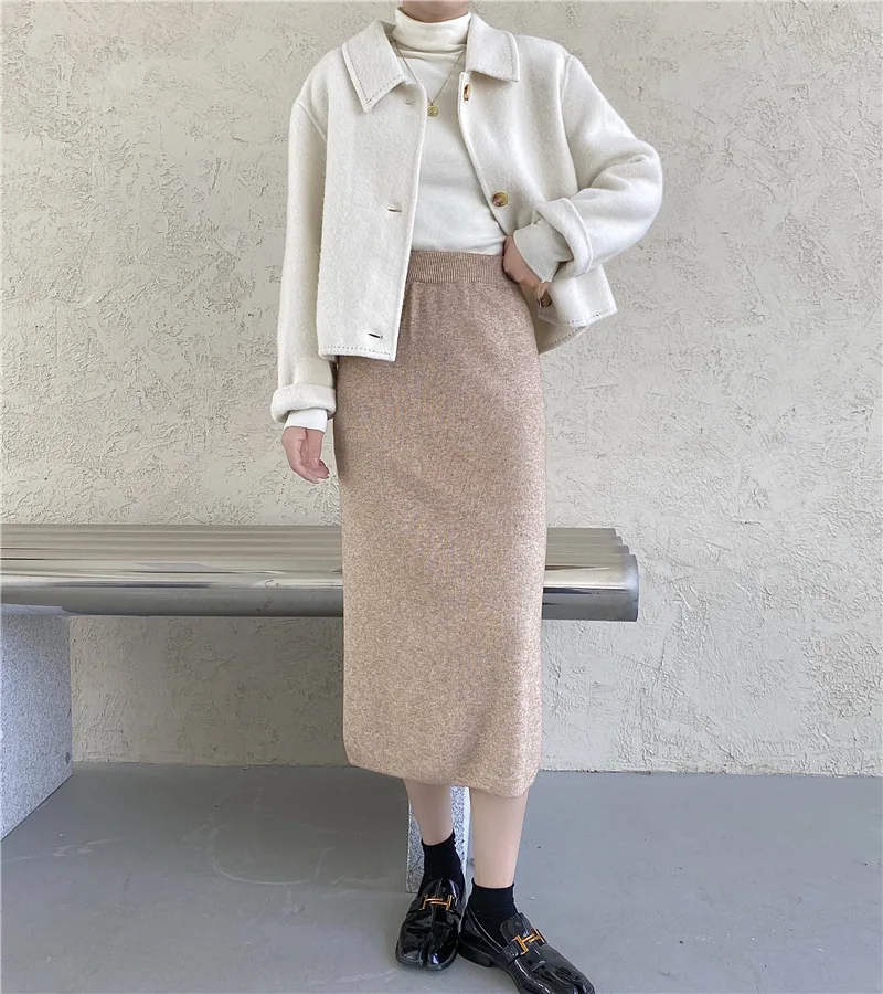 Женская шерстяная юбка-свитер элегантная винтажная юбка средней длины с высокой