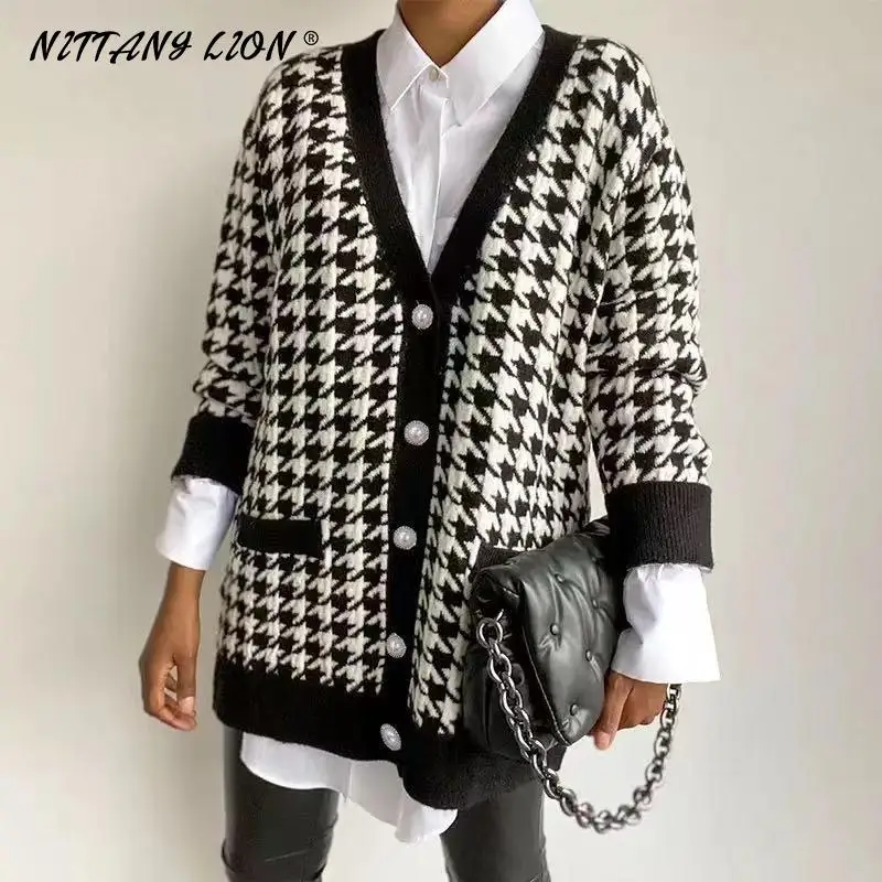 

V-hals Vrouwen Knop Zwart Houndstooth Vest 2021 Lange Mouw Trui Herfst Winter Gebreide Losse Oversized Jumper Casual