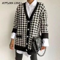 v neck women button black houndstooth cardigan 2021long sleeve sweater autumn winter knitted loose oversized jumper casual
