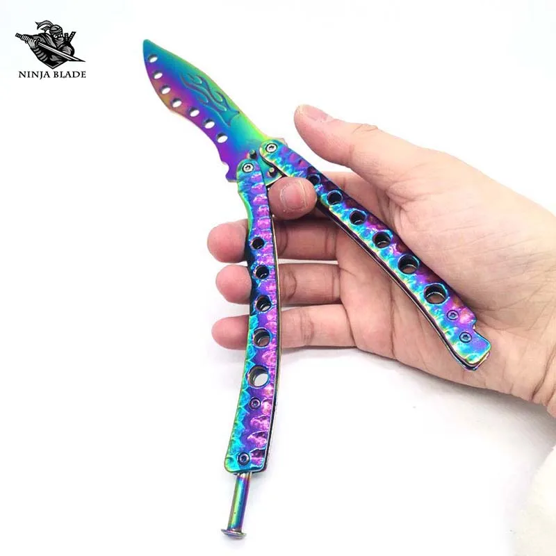 

Fire Blade Good Butterfly Knife Trainer Practising Balisong Flipping Training Tool Rainbow Handle Budget Blunt Blade For Sale