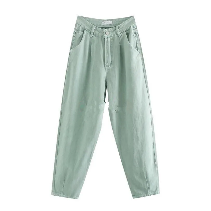 

2020 Autumn fashion women loose jeans long trousers pockets zipper loose streetwear female blue denim pants p1725