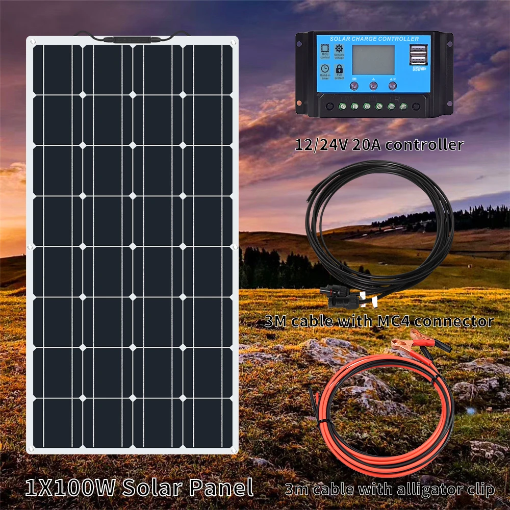 солнечная панель 12v Гибкая 100 Вт 12 В моно Солнечный стартовый комплект ватт модуль
