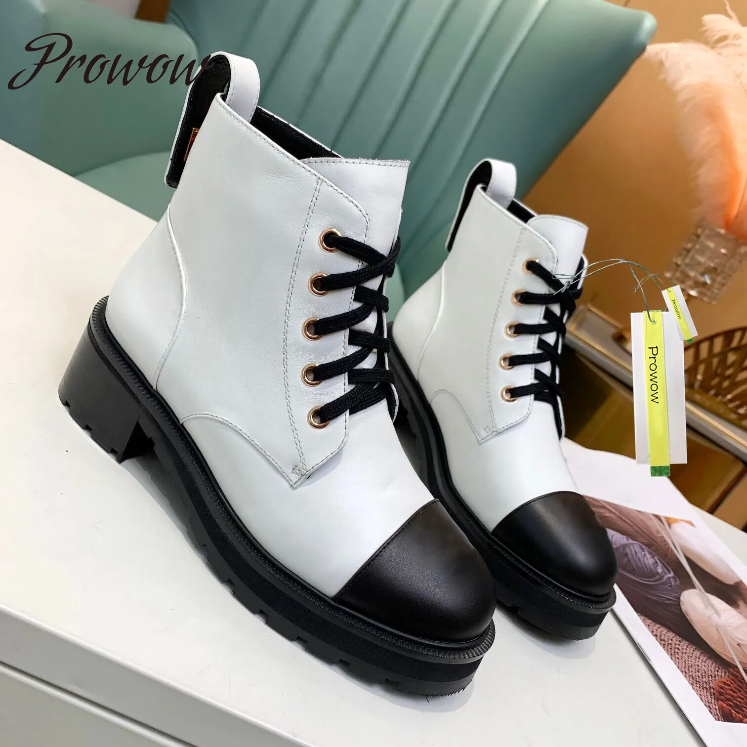 

Prowow New Genuine Leather Lace Up Designer Women Boots Winter Ankle Boots Shoes Women Botas Mujer