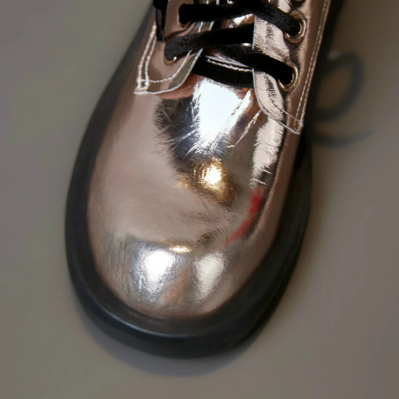 

Women Winter Ankle Boots British Style Girls Fashion Metalic Golden Real Leather Casual Shoes Lace Up Outdoor Riding Club Party