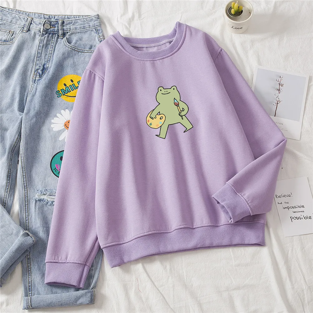 Frog Swearshirt Long Sleeve Harajuku Basic Hoodies Crewneck Womens Sweatshirts Funny Graphic Sweetshirt for Girls Fashion Tops