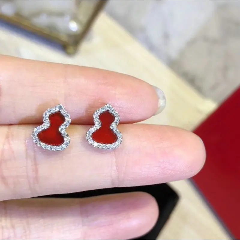 Роскошные серьги из серебра S925 пробы с красным опалом и тыквой милые мини белого