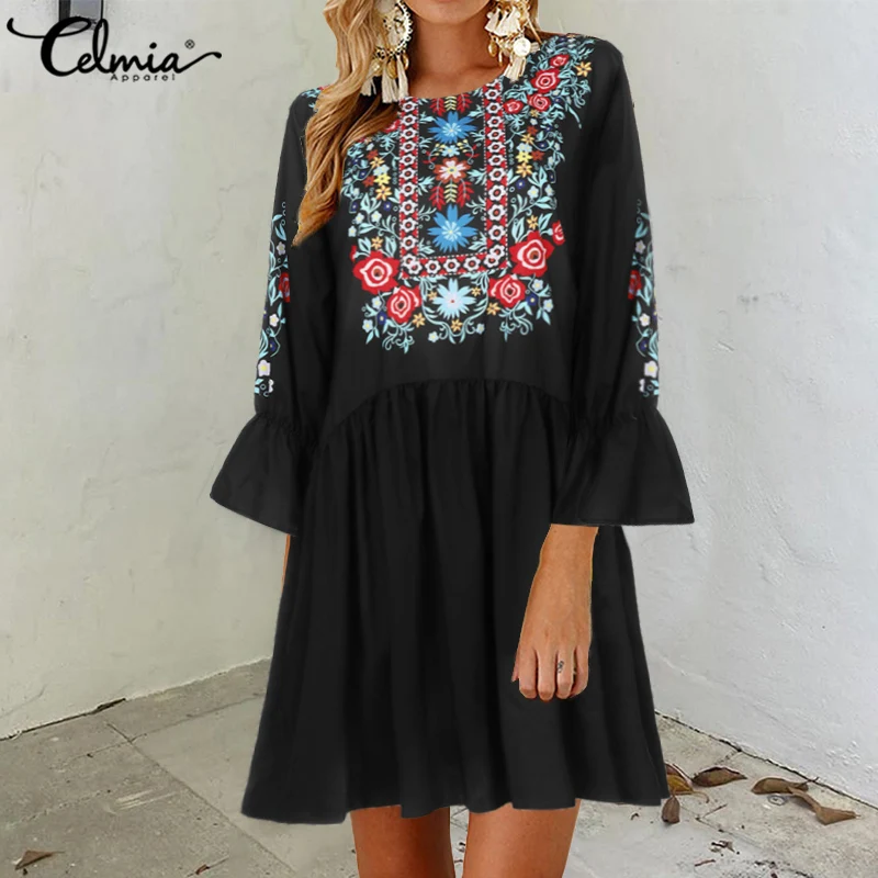 Женское мини-платье с рукавами-фонариками S-5XL Celmia 2021 летние пляжные вечерние платья повседневного стиля с роскошным богемным цветочным принтом и складками Robe Femme.