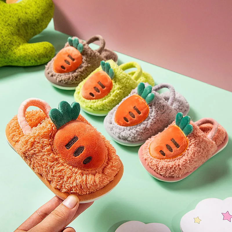 

Children House Slippers for Boys Girls Cartoon Carrot Kids Cotton Slippers Autumn Winter Floor Shoes Anti-slippery Elastic Band