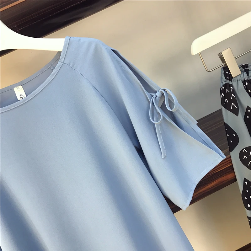 Женский летний костюм из двух предметов однотонный шифоновый топ с рукавами