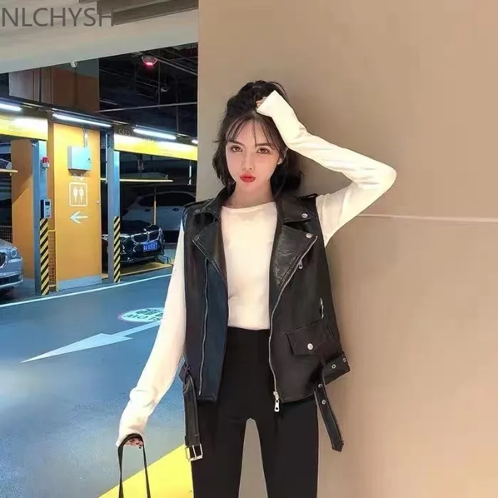 

Кожаный жилет, Однотонный женский мотоциклетный жилет, весна-осень 2021, новый высококачественный жилет без рукавов на молнии, топы