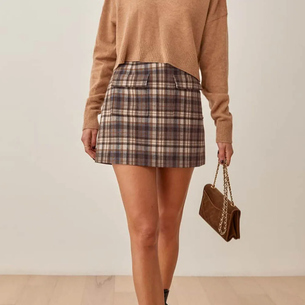 

Женская юбка в шотландскую клетку Za, повседневная элегантная мини-юбка в французском ретро-стиле с двумя карманами, осень 2021