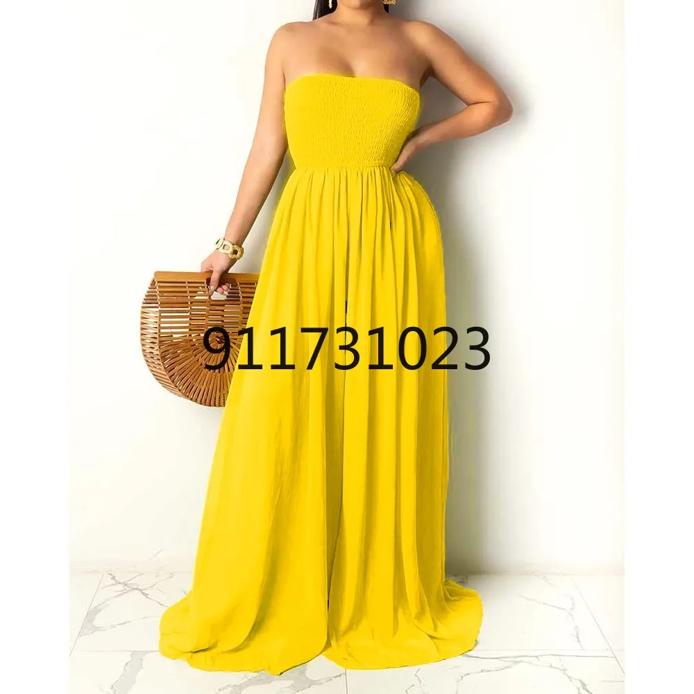 Женский комбинезон без бретелек элегантный однотонный с широкими штанинами и