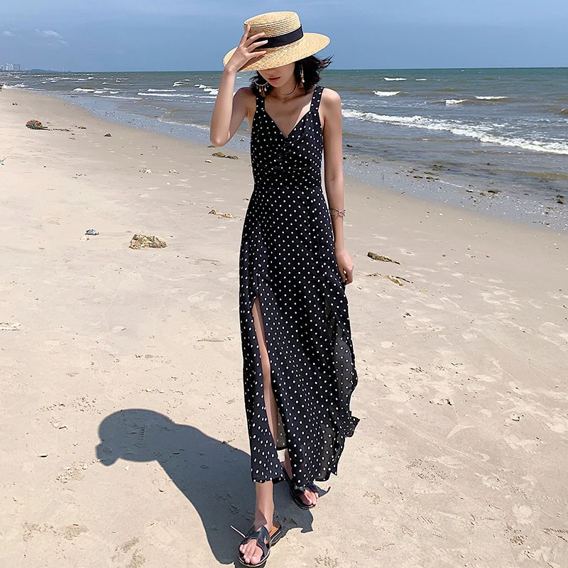

Korean Runway Black Burgundy Maxi Polka Dot Women Straps Dress Sundress Summer Elegant Casual Party Vacation Beach Long Dresses