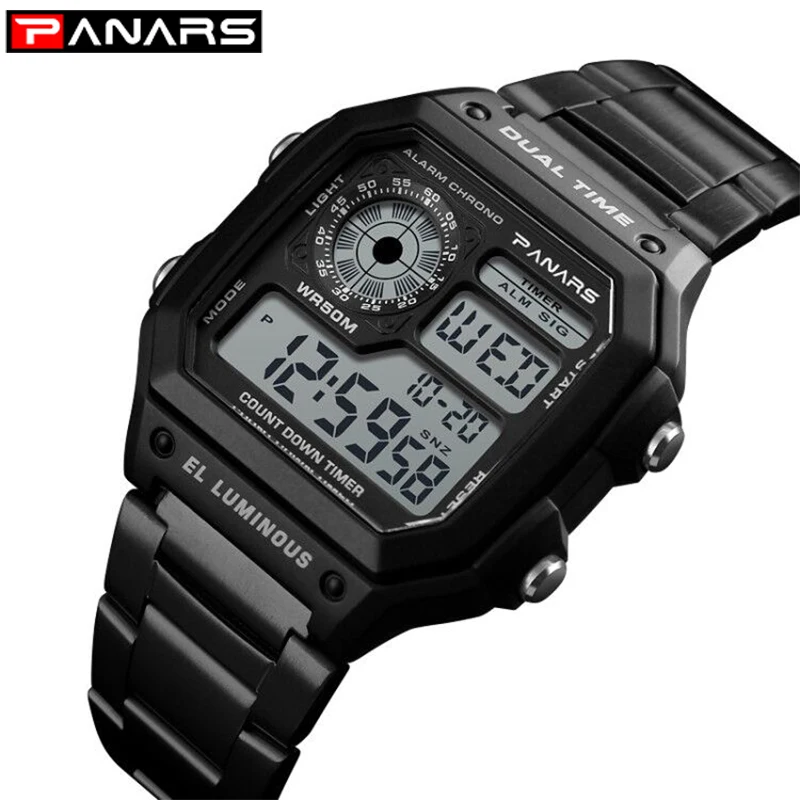

Men's Watch Fashion Sport Watches PANARS Stainless Steel Male Watches Stopwatch Chronograph Waterproof Wristwatch Black Clock