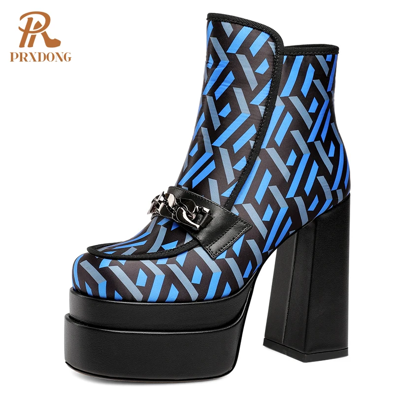 

Sexy Women's High Heeled Thick Platform Ankle Boots with Metal Decoration Zipper Geomitric Shoes Motorcycle Party Big Size 43