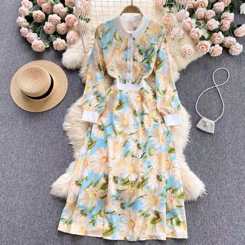 

CHICLADY vintage turn down collar women pink Lily flower full sleeve buttons casual plus size lady midi dresses vestidos fashion