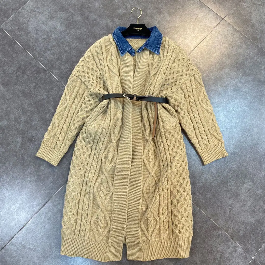 

Женский джинсовый кардиган в стиле пэчворк, повседневный длинный вязаный свитер в винтажном стиле, 2020