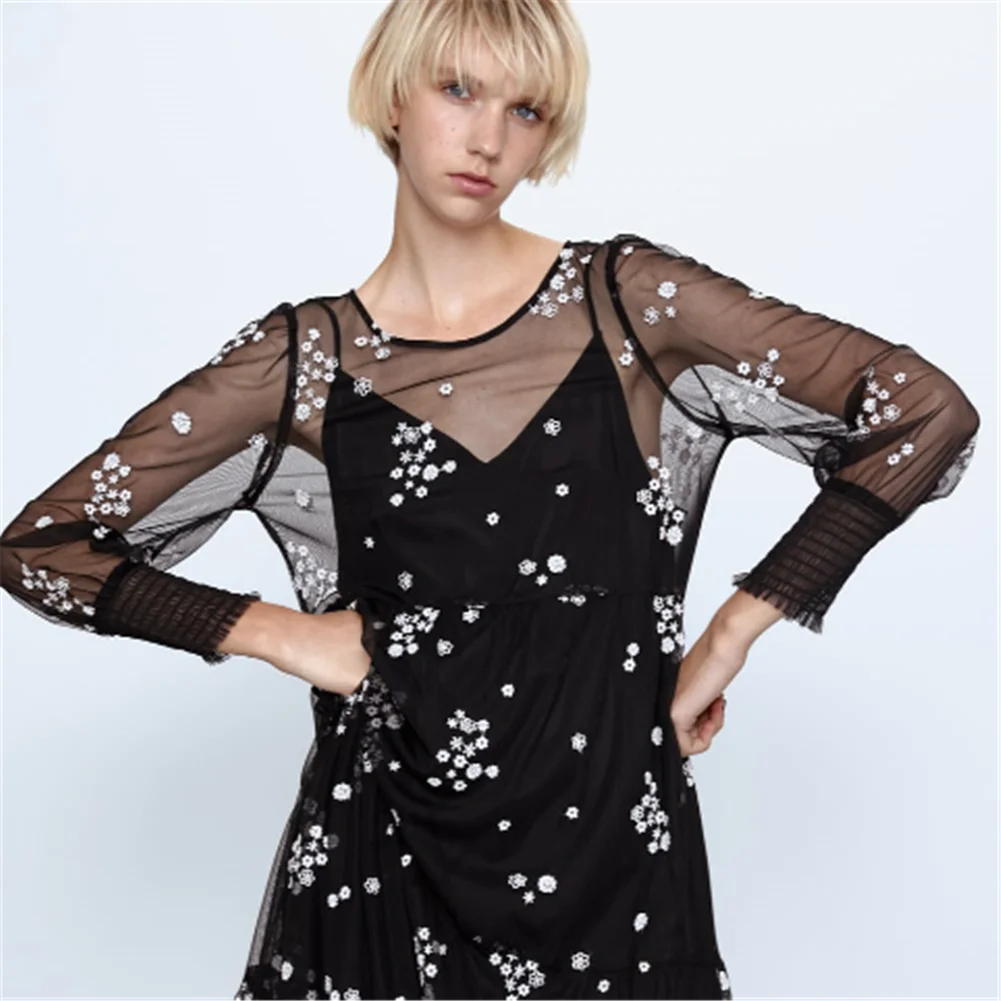 2020 ZA Модное Новое Женское платье весеннее цветочное вышитое Тюлевое Платье Бохо