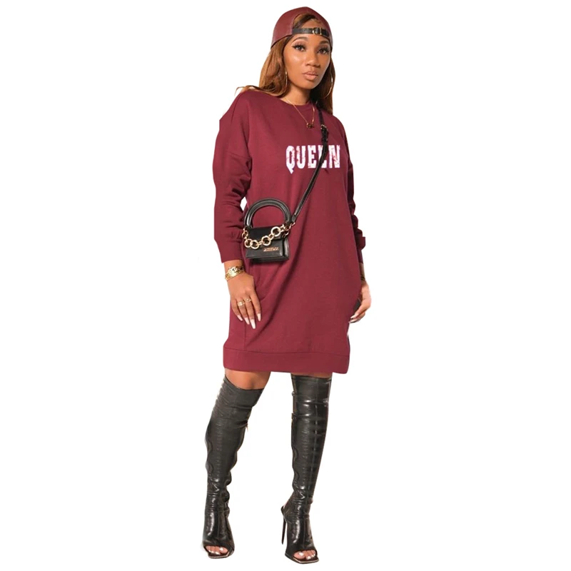 

Women's 2020 Autumn And Winter New Round Neck Letter Printing Long-Sleeved Dress Female's Casual Solid Color Base Skirt Jacket