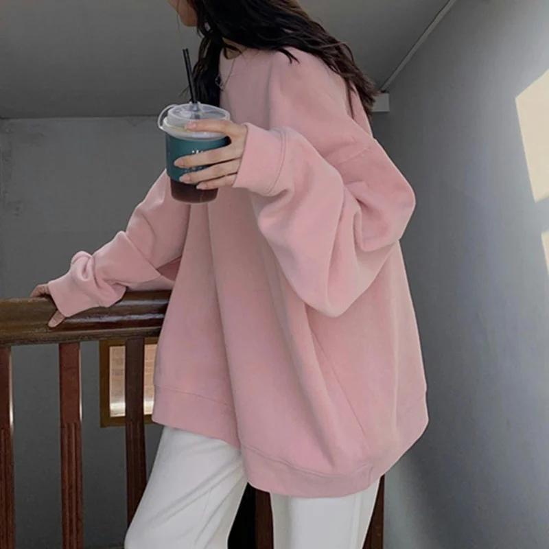 

Oversized Hoodies Polyester Fiber Cotton 2021 Autumn Clothing Korean Style Pullover Round Neck Loose Sweatshirt Women