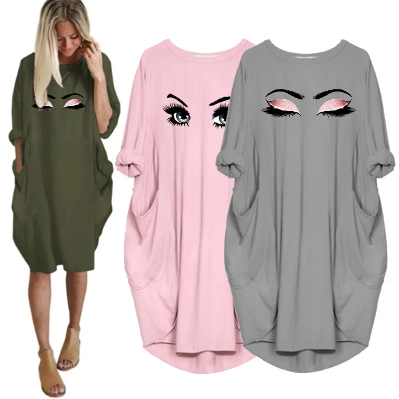 

Plus Size 5Xl Ladies Dresses Elegant Makeup Eyes Print Woman Midi Dress Long Sleeve o Neck Beach Party Club Robes Vestidos Mujer