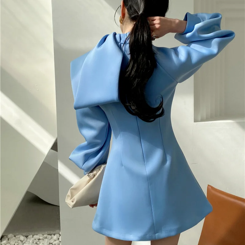 

Design Slim Waist Spring Bow Collar Lantern Sleeve Women's Dress A Line Office Lady Solid Vestido Simple Fashion Vestido Mujer