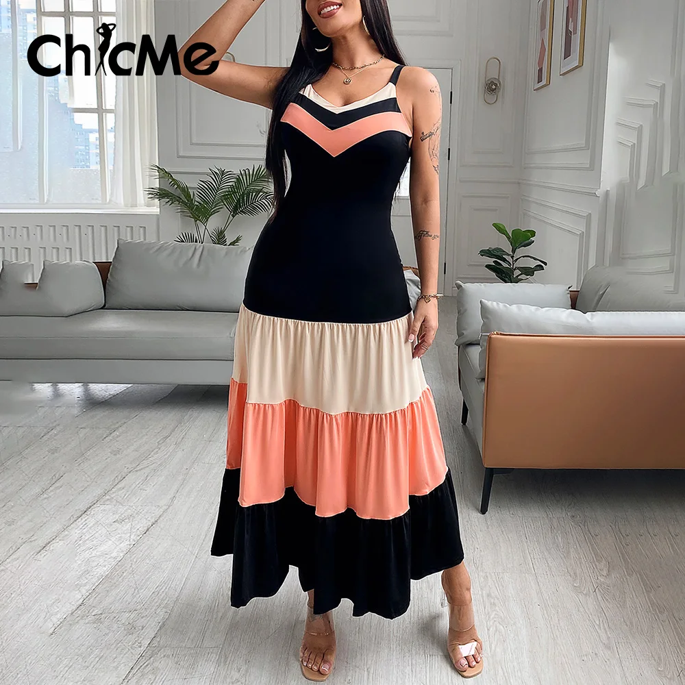 

Chicme Summer Women Maxi Spaghetti Strap Colorblock Ruched Ruffles Dress V Neck Holiday Fashion Sexy Robe Vestidos Boho Beach