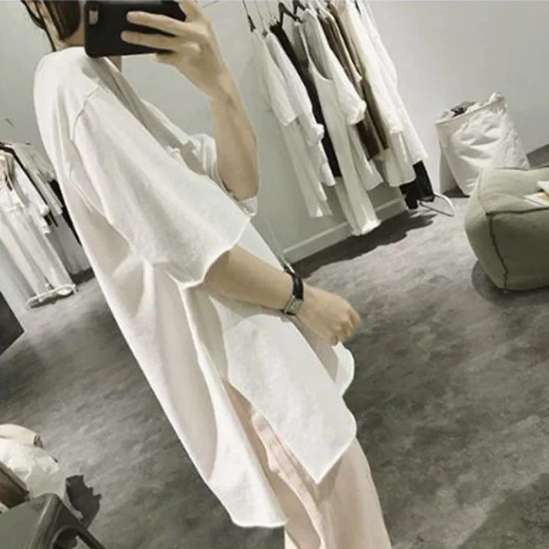 

Popular News T-Shirt Women V-Neck Loose Short Sleeve Leisure Wear Girl Clothes Student White Jacket Summer Split Tshirt Black