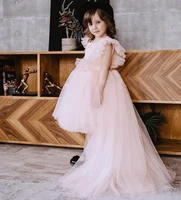 pink flower girl dress long flower tulle gown for girls long train dress for junior bridesmaidbirthday gown
