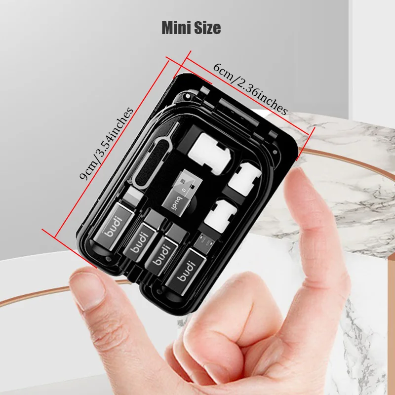 BUDI 8 в 1 кабель с разъемами типа C и Micro USB адаптером для хранения Коробка iPhone Lightning TF