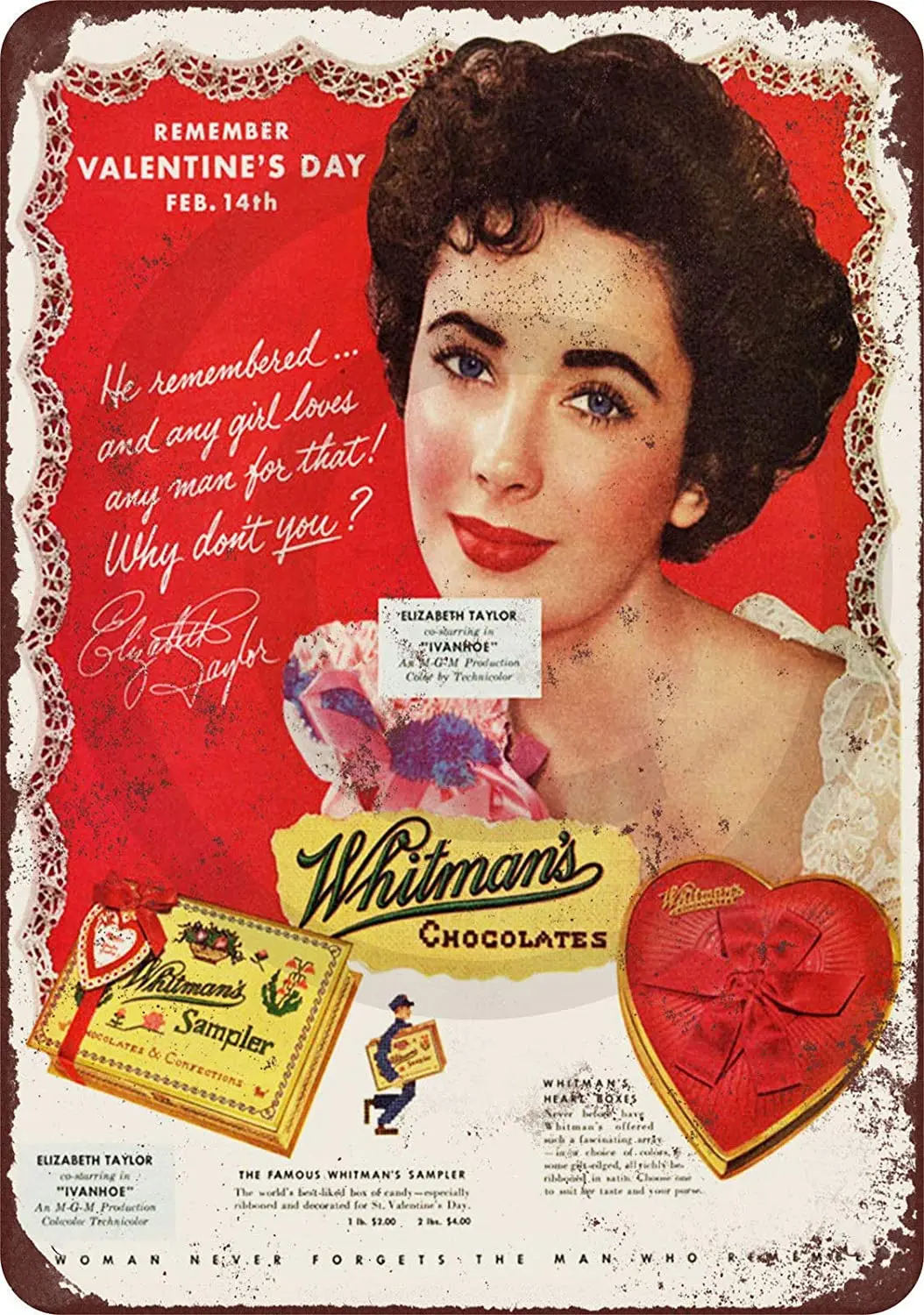 

NINGFEI Elizabeth Taylor for Whitman's Candy Metal Tin Sign 8x12 Inch Decor