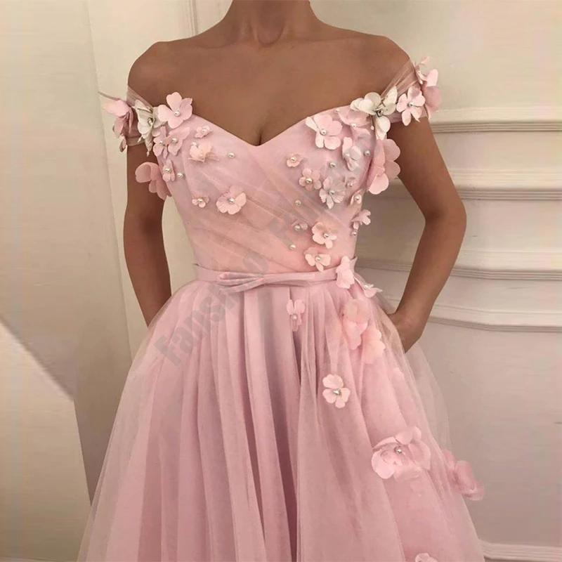 

Real Pink Graduaton Dresses A-Line V Neck Off The Shoulder Vestido Gown 3D Flowers Pleat Bow Belt Pearls Lovely Robe De Soiree