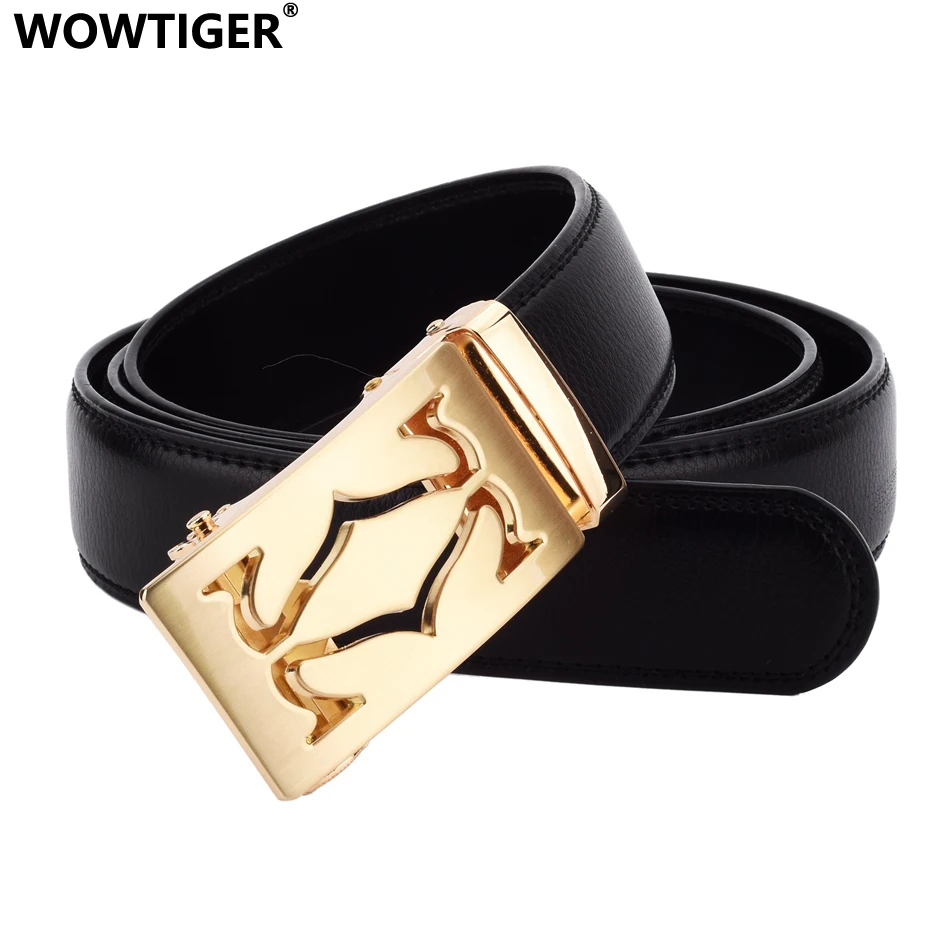 WOWTIGER Men Black Color 3.5cm Width Cow Leather Strap Belt High Quality Automatic Buckle Adjustable Belts for Men Luxury Gifts