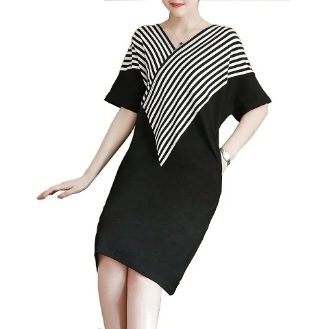 FJ1347B-2020 summer new large size women's short-sleeved V-neck t-shirt casual mid-long striped dress women | Женская одежда